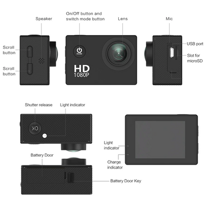 Cámara Deportiva 1080P Impermeable 30 m | 20 MP, Gran Angular 140°, Pantalla 2" + Accesorios