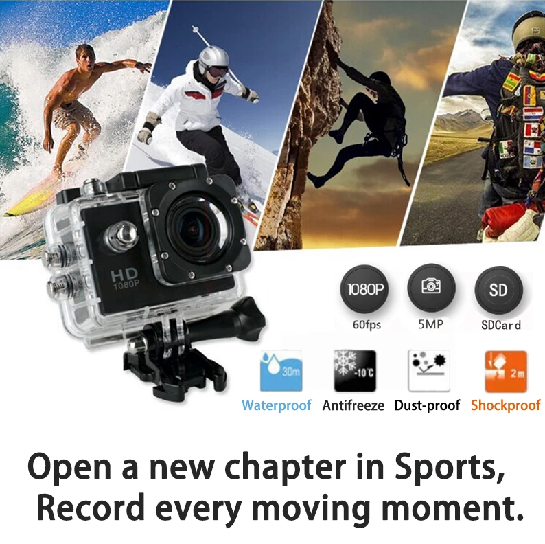 Cámara Deportiva 1080P Impermeable 30 m | 20 MP, Gran Angular 140°, Pantalla 2" + Accesorios