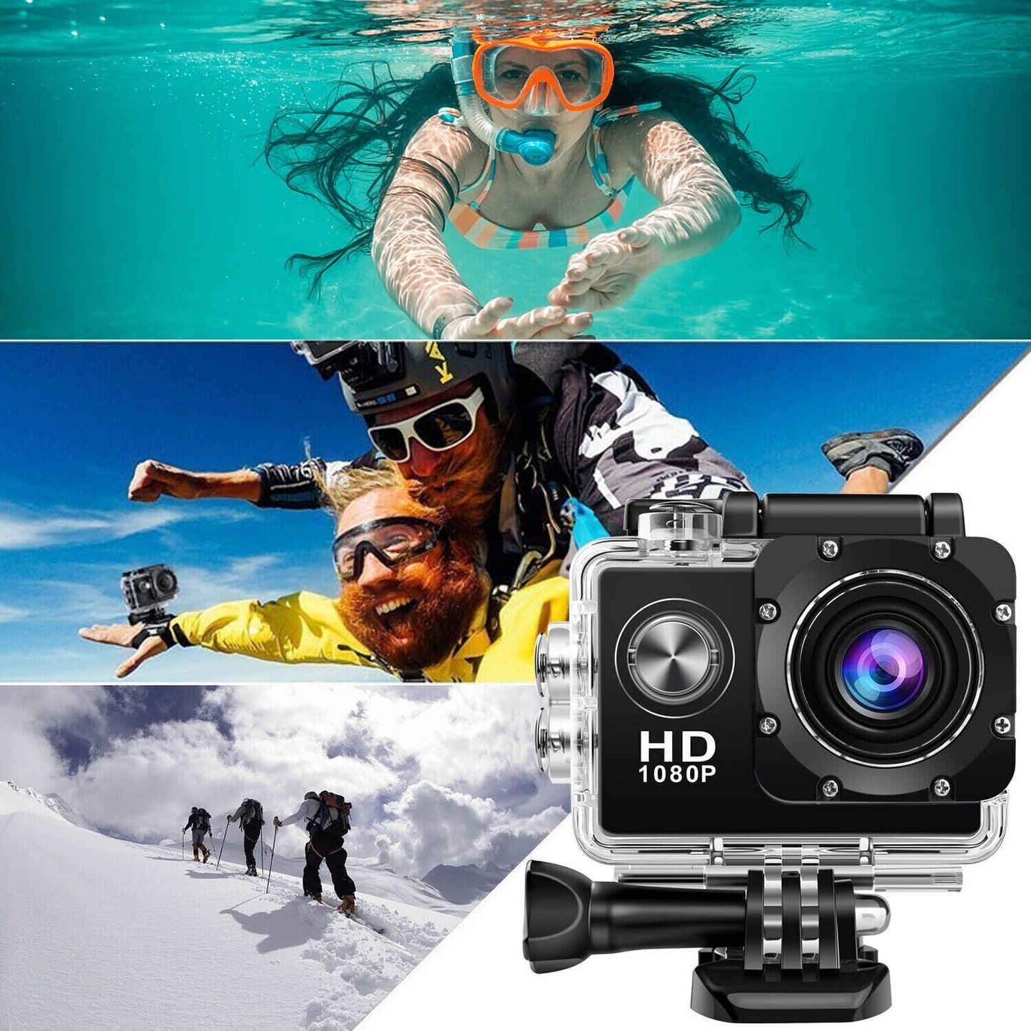 Cámara Deportiva 1080P Impermeable 30 m | 20 MP, Gran Angular 140°, Pantalla 2" + Accesorios