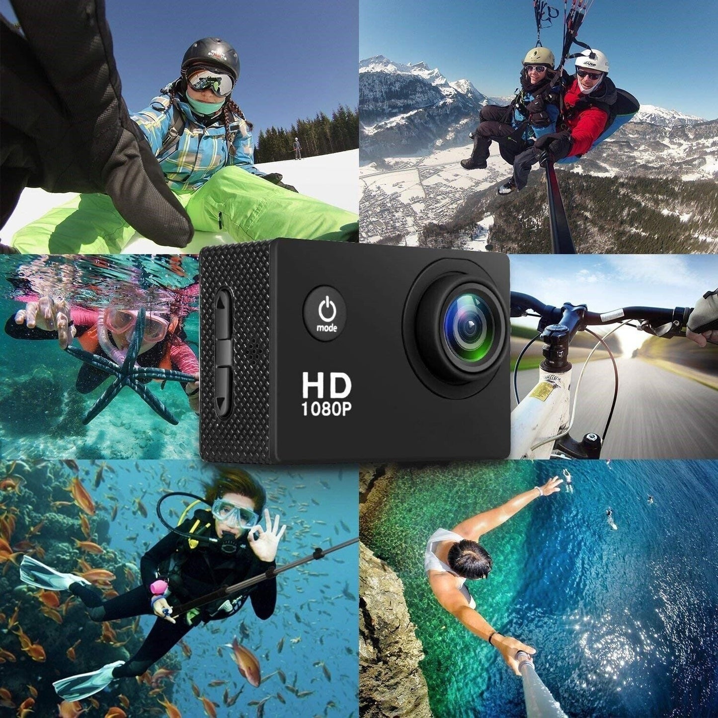 Cámara Deportiva 1080P Impermeable 30 m | 20 MP, Gran Angular 140°, Pantalla 2" + Accesorios