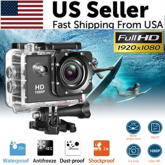 Cámara Deportiva 1080P Impermeable 30 m | 20 MP, Gran Angular 140°, Pantalla 2" + Accesorios