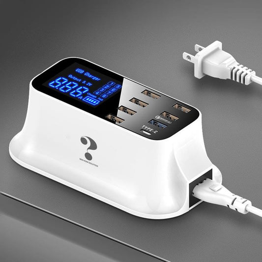 Cargador Inteligente 8 Puertos USB + Type-C | Pantalla LCD y Carga Rápida Multidispositivo