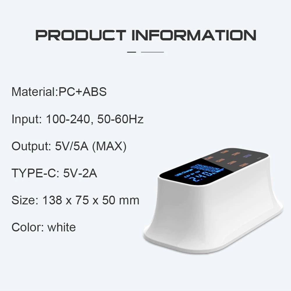 Cargador Inteligente 8 Puertos USB + Type-C | Pantalla LCD y Carga Rápida Multidispositivo